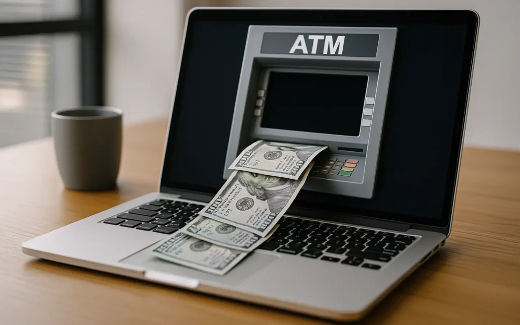 Website-becoming-ATM A laptop on a desk with an ATM on screen printing money out of the laptop screen, representing a website that functions as an online ATM by making business owners more money